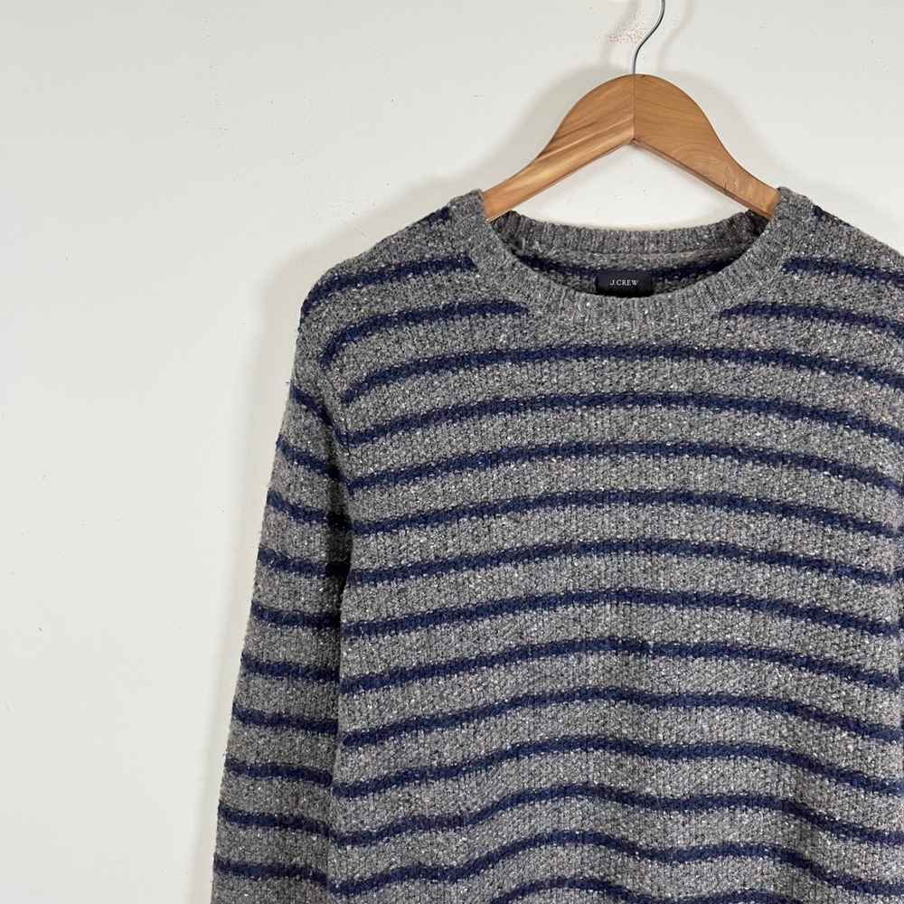 J. Crew Striped Knit Crewneck Wool Blend Donegal Sweater Navy Gray Mens Small